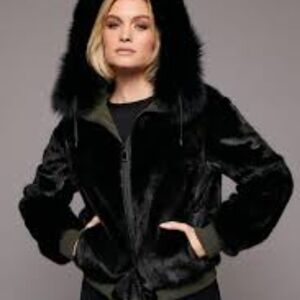 Laundry By Shelli Segal Brawn 100%rabbit Fur Hooded Bomber Jacket